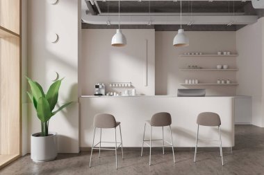 Beyaz duvarları, beton zemini, tabureleri ve kahve fincanlarıyla dolu rafları olan rahat beyaz bar tezgahı. 3d oluşturma