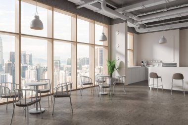 Beyaz duvarları, beton zemini, tabureli rahat beyaz bar tezgahı ve panoramik pencerenin yanında duran sandalyeli minicik masaları olan modern kahve dükkanının köşesi. 3d oluşturma
