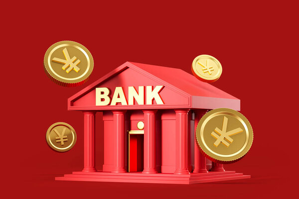 Banque Dessin Animé Rouge Avec Colonnes Vue Latérale Yen Pièces — Photo