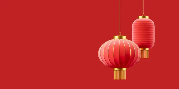 Widok Dwóch Pięknych Tradycyjnych Czerwonych Złotych Chińskich Latarni Wiszących Nad — Zdjęcie stockowe