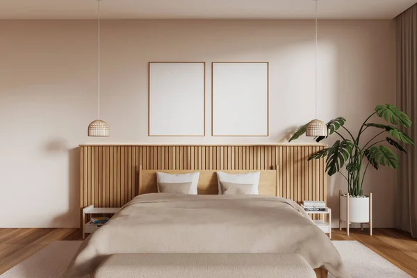Cozy Home Bedroom Interior Bed Plant Nightstand Books Carpet Hardwood — Stock Photo, Image