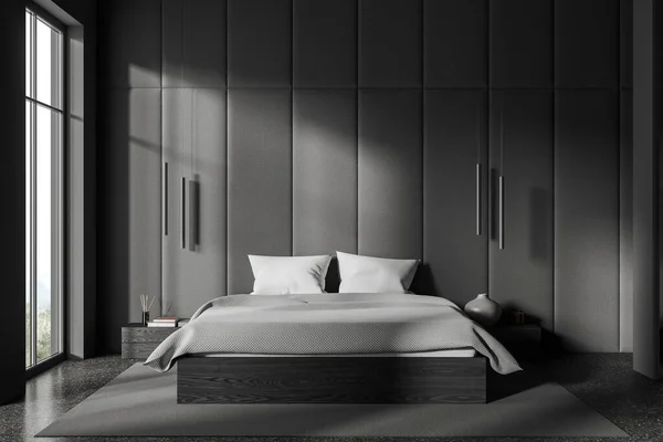 グレーのホテルの寝室のインテリアは 本や装飾 灰色のコンクリートの床の上のカーペットとベッドとナイトスタンド 田舎のパノラマウィンドウでゆったりとした空間 3Dレンダリング — ストック写真