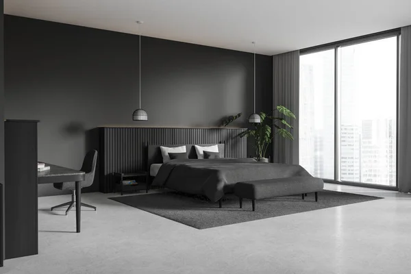 Graues Schlafzimmerbett Und Arbeitsplatz Mit Stuhl Seitlicher Teppich Auf Grauem — Stockfoto