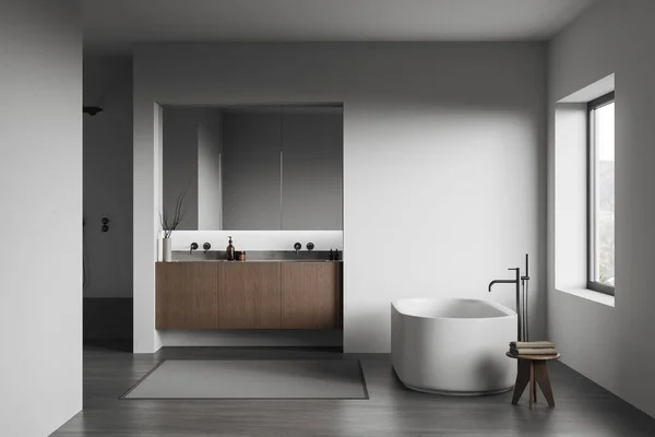 Interior Casa Banho Elegante Com Paredes Brancas Piso Concreto Banheira — Fotografia de Stock