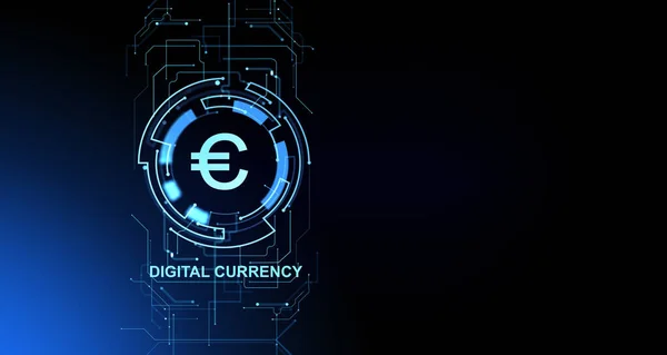 Zářící Symbol Eura Obvodovou Deskou Digitální Měnou Blockchainem Koncept Elektronických — Stock fotografie