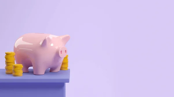 Ceramic piggy money box on podium with stack of gold coins, empty copy space purple background. Concept of income, accumulation and investment. 3D rendering illustration