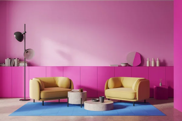 Pink home living room interior with yellow armchairs and coffee table, long drawer with art decoration and books. Mock up copy space fuchsia wall. 3D rendering