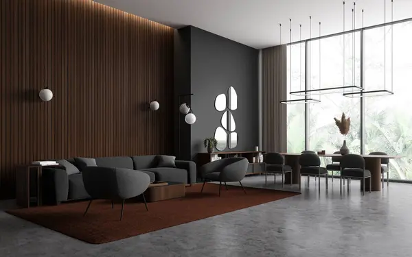 モダンなリビングルームとダイニングルームの内装は 灰色と木製の壁 コンクリートフロア 居心地の良い灰色のソファ 2つのアームチェアと椅子付きの長いダイニングテーブル 3Dレンダリング — ストック写真