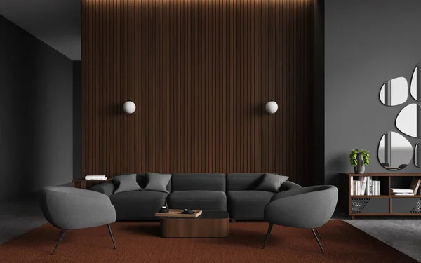 风格新颖的客厅内部 有灰色和木制墙壁 混凝土地板 舒适的灰色沙发 两张扶手椅和方块咖啡桌 3D渲染 — 图库照片