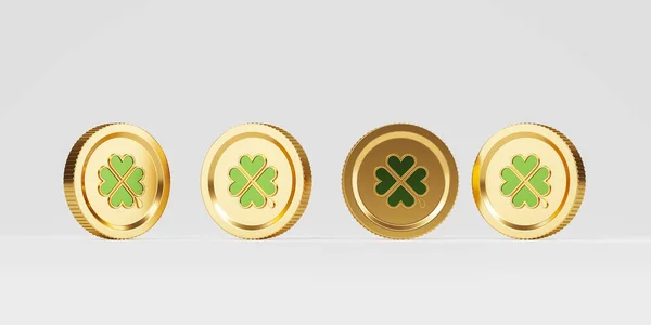 View of four lucky four leaf clover coins over gray background. Concept of luck, St. Patricks day and chance. 3d rendering
