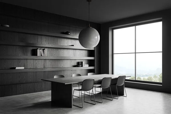 Dunkler Konferenzraum Mit Grauen Stühlen Und Steintisch Seitenansicht Grauer Betonboden — Stockfoto