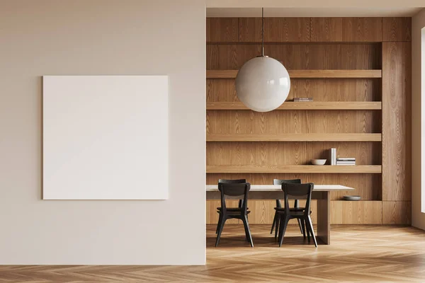 Stylish meeting interior with chairs and table, hardwood floor. Conference space with large wooden shelf and decoration. Mock up square canvas poster on wall partition. 3D rendering