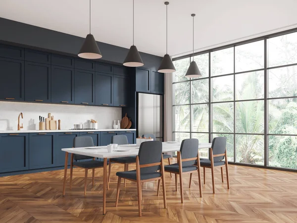 Corner Stylish Kitchen Gray Walls Wooden Floor Blue Cupboards Countertops — Stock Photo, Image