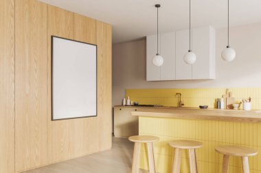 Bar taburesi ve tezgahı olan şık bir ev mutfağı. Dolap ve mutfak gereçleri ile yemek ve yemek köşesi. Ahşap duvardaki tuval posterini taklit et. 3B görüntüleme