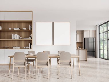 Lüks otel mutfağı, yemek masası ve dekorasyonlu raf. Bar adası, dolap ve panoramik pencereli yemek pişirme alanı. Duvar bölmesindeki tuval posterleri. 3B görüntüleme