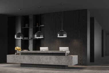 Koyu ahşap lobi, taştan resepsiyon masası, yan görüş iki bilgisayar ve minimalist dekorasyonlu raf. Otel ya da ofis kayıt yeri. 3B görüntüleme