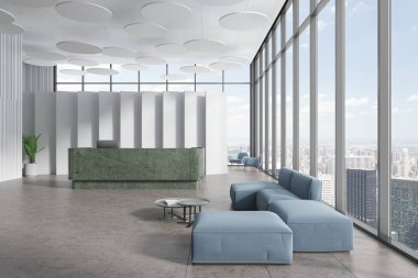 Modern ofis bekleme odasının içinde beyaz duvarlar, fayanslı zemin, bilgisayarlı yeşil mermer resepsiyon tezgahı ve sehpanın yanında duran rahat mavi kanepe. 3d oluşturma