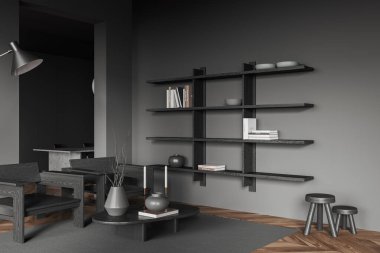 Rahatlatıcı bir yeri ve koltuğu olan karanlık bir oturma odası yan görüş sehpası ve sanat süslemeleri olan bir raf. Bölme arkasında masa olan bir köşe yemek. 3B görüntüleme