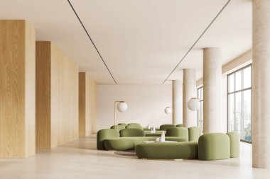 Konforlu bej ofis alanı iç kısmı yeşil kanepe ve sıralı kahve masası, parlak beton zeminde sütunlar. Gökdelenlerin panoramik penceresi. 3B görüntüleme