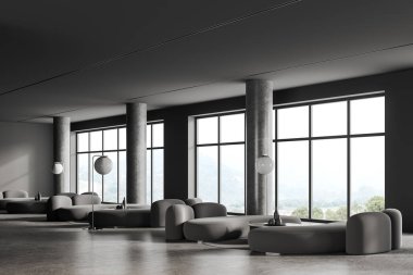 Karanlık işler içini rahatlatır. Gri kanepe, sıra kahve masası, yan manzara, gri beton zemin. Kırsal kesimdeki sütunlar ve panoramik pencereler. 3B görüntüleme