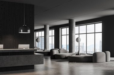 Siyah ofis lobisi resepsiyon masası, yan görüş köşesi koltuk ve kahve sehpası ile birlikte. Modaya uygun danışmanlık ya da gökdelenlerin panoramik pencereli buluşma köşesi. 3B görüntüleme