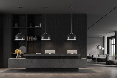 Resepsiyon masası, bilgisayar ve dekorasyonlu raflı siyah ofis lobisi. Sıraya dizilmiş kanepede dinlenme alanı, panoramik pencerenin yanında bekleme ve buluşma alanı. 3B görüntüleme