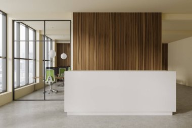 Sarı ve ahşap duvarları, beton zemini, rahat beyaz resepsiyon tezgahı ve arka planda açık alan olan modern ofis. 3d oluşturma