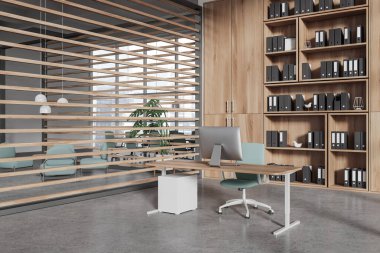 Masada bilgisayar masaüstü, yan görüş köşesi koltuklu gevşeme köşesi ve panelli konferans alanı olan şık bir iç mekan. Singapur gökdelenlerinin panoramik penceresi. 3B görüntüleme