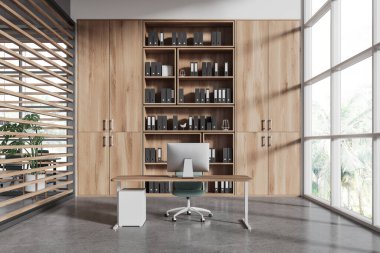 Beyaz duvarları, beton zemini, mavi sandalyeli rahat bilgisayar masası ve klasörlü ahşap kitaplığı olan modern CEO ofisi. 3d oluşturma