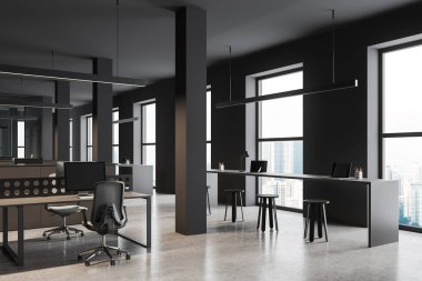 Baro koltuğu, bilgisayar ve dizüstü bilgisayarlı bir masa. Ofis köşesinde bar taburesi ve gökdelenlerin panoramik penceresi var. 3B görüntüleme