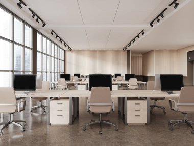 Samimi iç mekan bilgisayar ve sıralı koltuklar, bej beton zemin. Singapur gökdelenlerinde panoramik pencereli şık ofis çalışma alanı. 3B görüntüleme