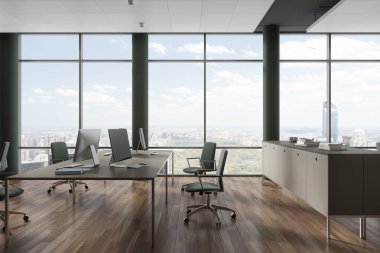 Ofis içi çalışma masası ve bilgisayarlarla aynı sırada, ahşap zemin. New York gökdelenlerinde büfe ve panoramik pencereli şık bir çalışma alanı. 3B görüntüleme