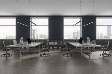 Koyu mavi ofis içi koltuklar ve masa üzerinde bilgisayar, beton zemin. Büfe ve dekorlu şık bir iş yeri Kuala Lumpur gökdelenlerinin panoramik penceresi. 3B görüntüleme