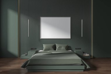 Şık yeşil yatak odası iç yatak odası dekoratif komodin, ahşap döşeme. Minimalist mobilyalar ve panellerle rahatlama alanı. Uzay tuvali posterini kopyala. 3B görüntüleme