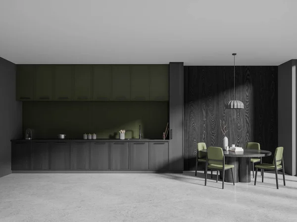 Casa Verde Cinza Cozinha Interior Mesa Jantar Poltronas Piso Concreto — Fotografia de Stock