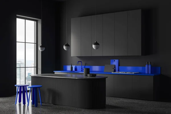 Černé Modré Domácí Kuchyně Interiér Bar Pultu Boční Pohled Dvě — Stock fotografie