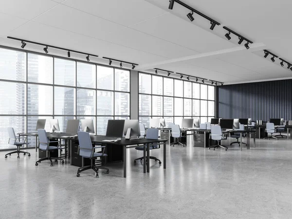 Modern Blue Coworking Interior Armchairs Computers Side View Light Concrete — Stock Photo, Image