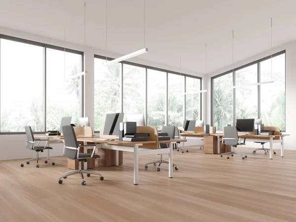 风格别致的写字楼内部与个人电脑 共同工作角落与扶手椅和办公桌在硬木地板上 工作空间 家具排成一排 全景窗 3D渲染 — 图库照片