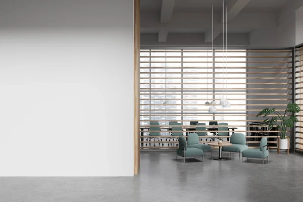 White conference room interior with relax space, board behind partition and meeting area with armchairs and panoramic window on skyscrapers. Mock up blank wall partition. 3D rendering