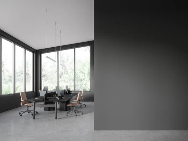 Dark Coworking Interior Armchairs Monitors Row Grey Concrete Floor Stylish — Stock Photo, Image