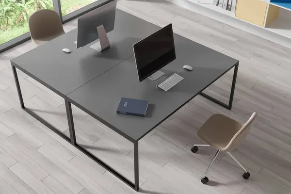 Top view of modern office interior with wooden floor and two gray computer tables with beige chairs standing near them. 3d rendering