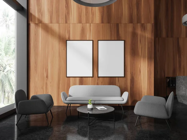Interieur Eines Stilvollen Büro Wartezimmers Mit Dunklen Holzwänden Schwarzem Boden — Stockfoto