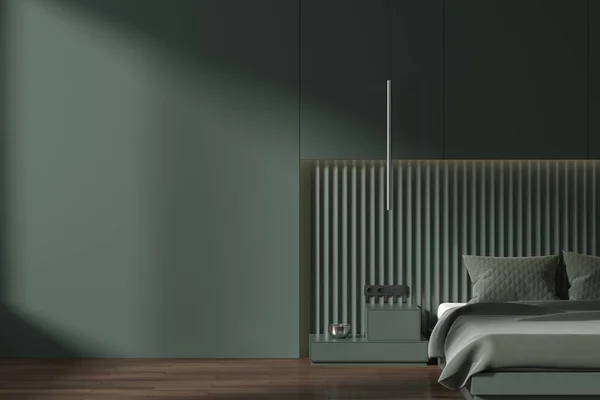 Interieur Des Stilvollen Schlafzimmers Mit Grünen Wänden Dunklem Holzboden Bequemem — Stockfoto