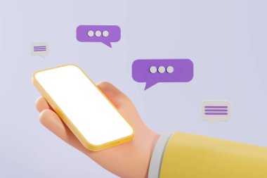 Çizgi film işadamının elinde akıllı telefon görüntüsü. Etrafında sunum ve konuşma baloncukları var. Sosyal medya, online iletişim ve sohbet kavramı. 3d oluşturma