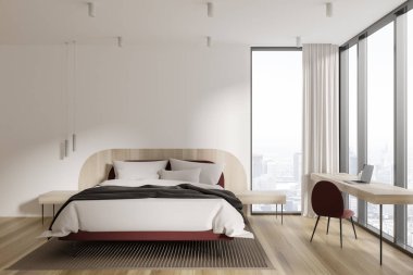 Beyaz otel odasının iç yatağı ve çalışma alanı masa, sandalye ve ahşap zeminde halı. Paris gökdelenlerinde panoramik pencereli şık minimalist dinlenme odası. 3B görüntüleme