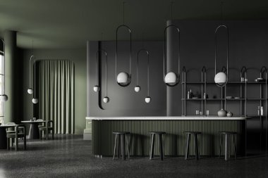 Gri ve yeşil duvarları olan şık bir kafe, beton zemin, tabureli rahat koyu gri bar tezgahı ve sandalyeli yuvarlak masalar. 3d oluşturma