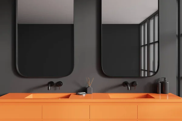 Dark Stylish Bathroom Interior Double Sink Closeup Tall Mirrors Minimalist — Stock Photo, Image