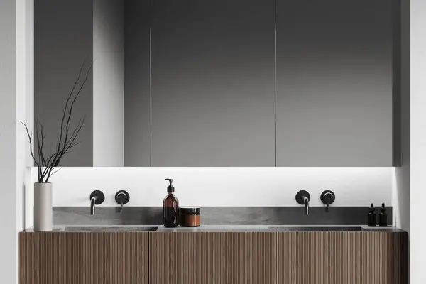 Stylish Home Bathroom Interior Double Sink Wooden Vanity Decoration Minimalist — Stock Photo, Image