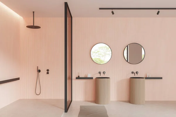 Interior Moderna Casa Banho Com Paredes Bege Branco Piso Concreto — Fotografia de Stock