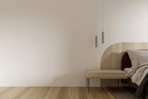 有米黄色床单 硬木地板的白色旅馆卧房床 舒适的休憩室 配有时尚家具和木制床头柜 模拟复制空间空白墙壁 3D渲染 — 图库照片